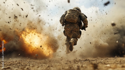 a soldier running from explosions on a modern battlefield 