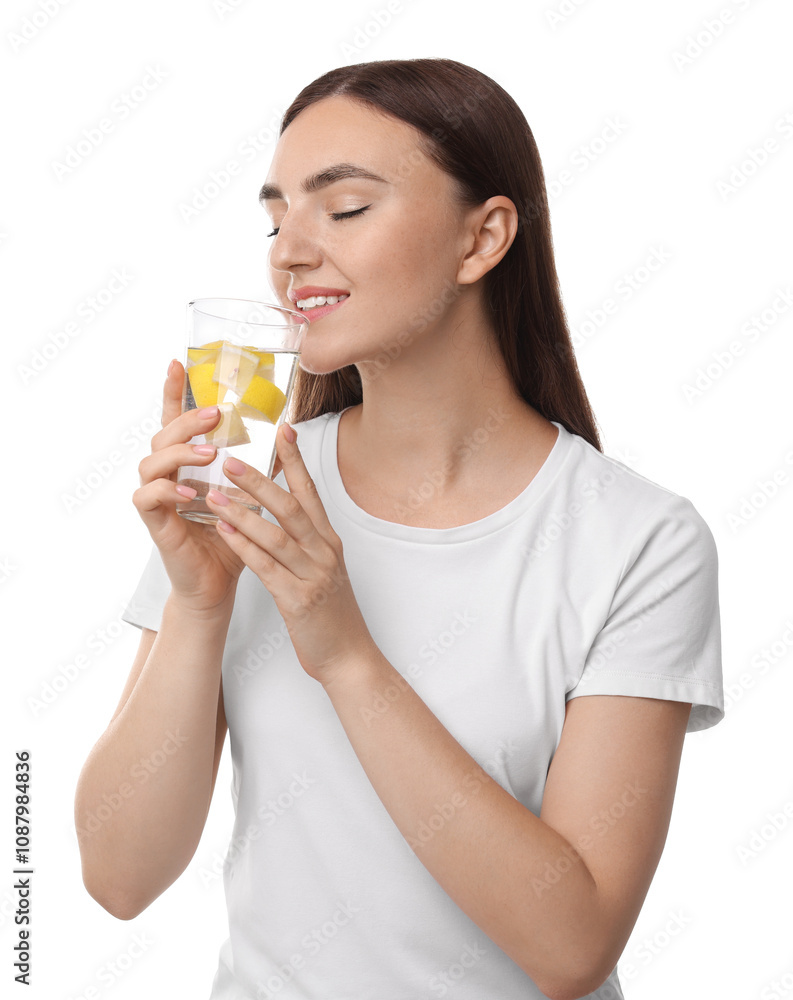 Woman drinking water with lemon on white background Woman drinking water with lemon on white background