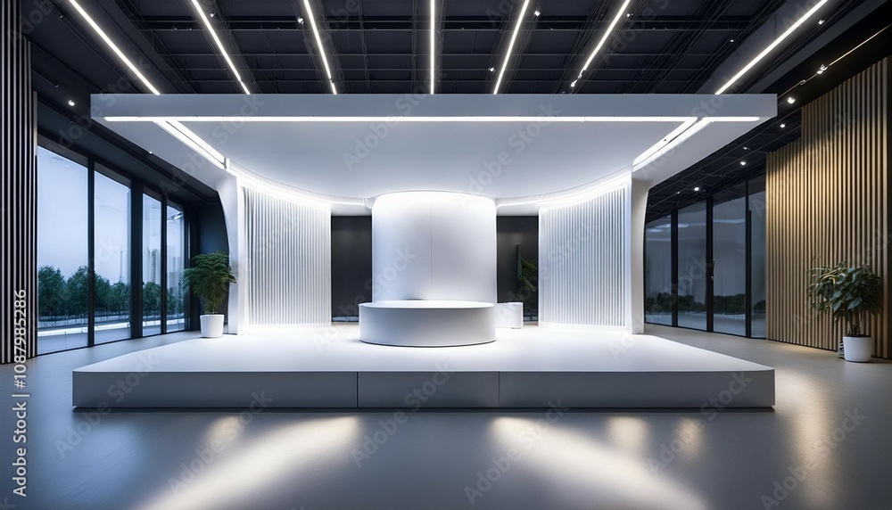 Obraz premium a spacious minimalist booth stand with white aesthetics clean lines and soft lighting evoking modernity and simplicity