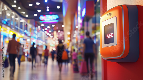 AED. Automated External Defibrillator Mounted in a Vibrant Mall. Emergency Preparedness Device Highlighted in Modern Public Environment. Image Made Using Generative AI.