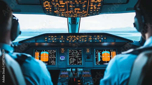 Cockpit view of an aircraft with pilots and control panels, showcasing flight instruments. photo