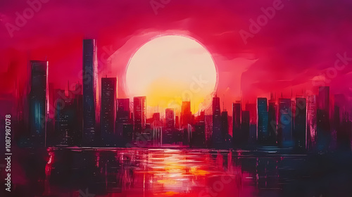 Synthwave cityscape with large sun in background, synthwave, city, sunset, futuristic, retro, skyline, neon, lights. Retro Synthwave Horizon. Illustration