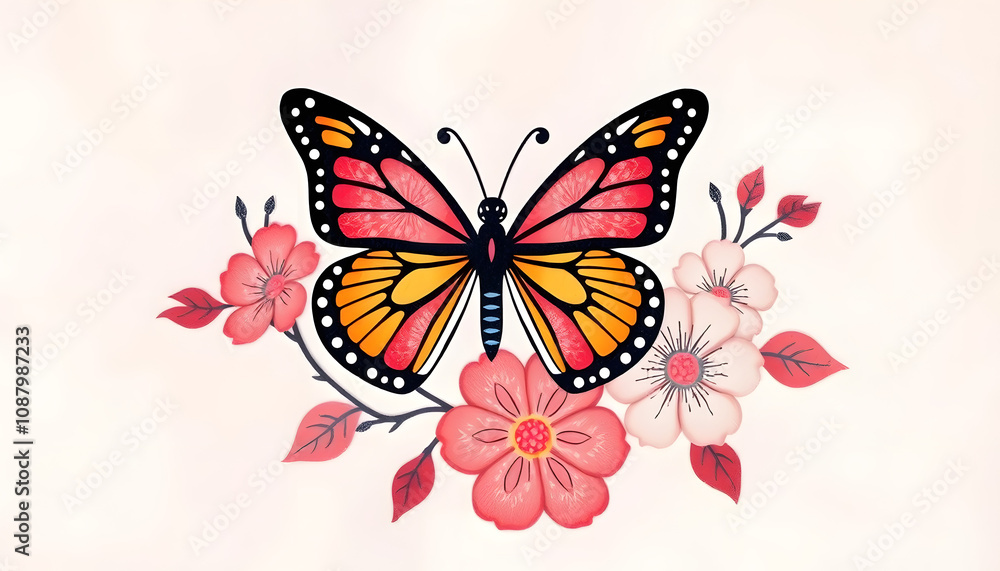 Butterfly and flower pattern hand drawn on silk, Paper Cutout style Butterfly and flower pattern hand drawn on silk, Paper Cutout style
