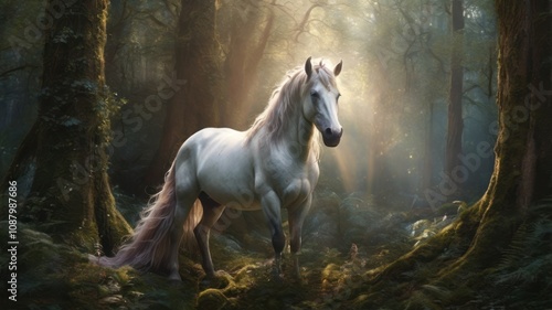 A majestic white horse stands in a sun-dappled forest, its mane and tail flowing in the breeze.