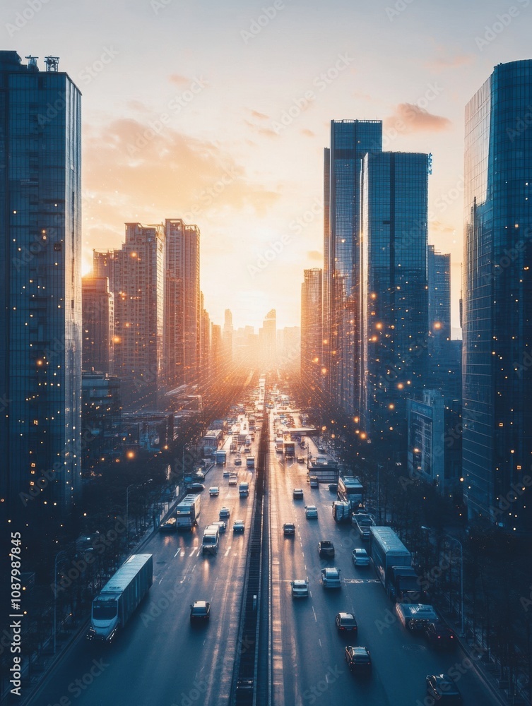 The sunset enhances a bustling smart city where buildings are interconnected through an advanced AI network, creating a dynamic urban landscape. Generative AI The sunset enhances a bustling smart city where buildings are interconnected through an advanced AI network, creating a dynamic urban landscape. Generative AI