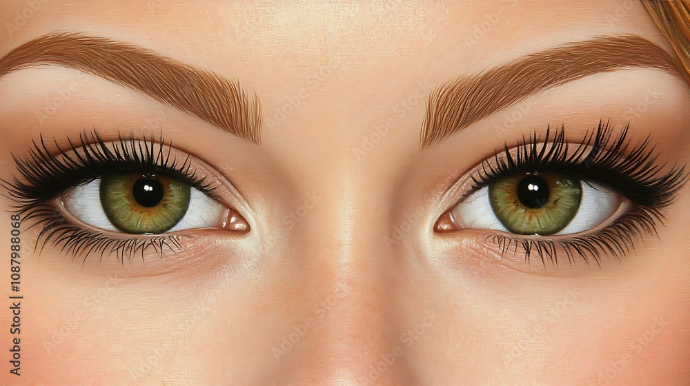 Close-up of a pair of striking green eyes with defined lashes and brows. Close-up of a pair of striking green eyes with defined lashes and brows.
