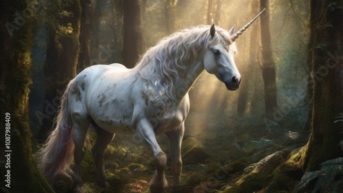 A majestic white unicorn with a golden horn stands in a mystical forest, bathed in sunlight.