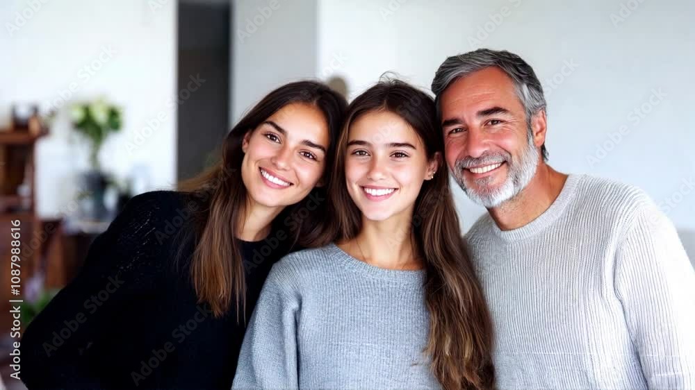 happy family portrait with a mother, father, and daughter smiling for the camera in their home. A young girl is sitting between her parents,generative ai happy family portrait with a mother, father, and daughter smiling for the camera in their home. A young girl is sitting between her parents,generative ai