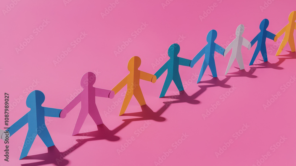 A colorful line of paper cutouts holding hands on a bright pink background, symbolizing unity and diversity. A colorful line of paper cutouts holding hands on a bright pink background, symbolizing unity and diversity.