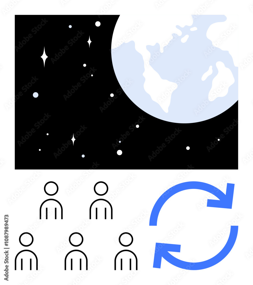 Naklejka premium Earth stars, six stick figure people, blue recycling arrows. Ideal for teamwork, sustainability, global connectivity, continuous improvement, environmental awareness, collaboration, space