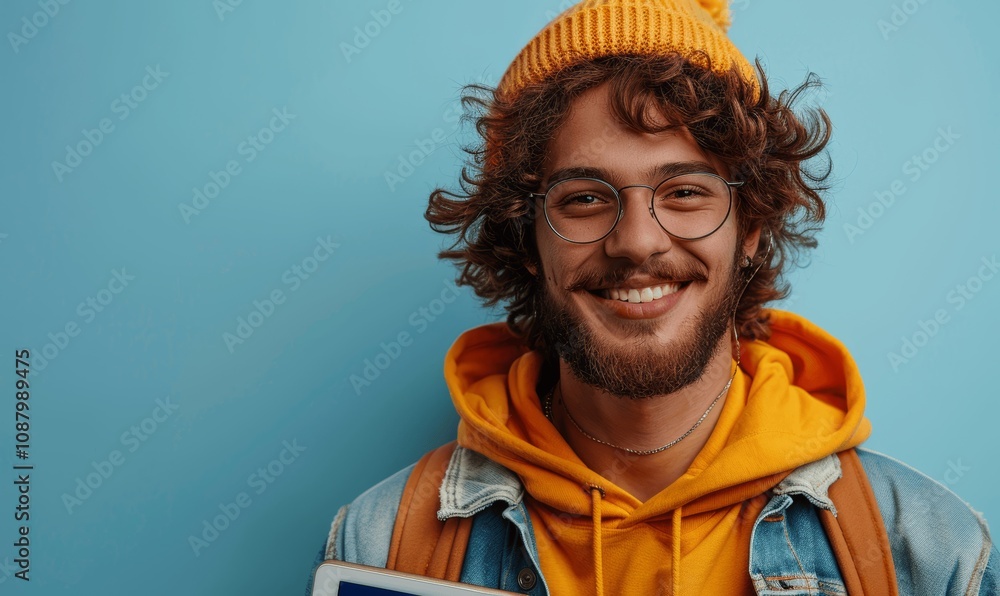 Young man with glasses holding a tablet and smiling against blue background Young man with glasses holding a tablet and smiling against blue background