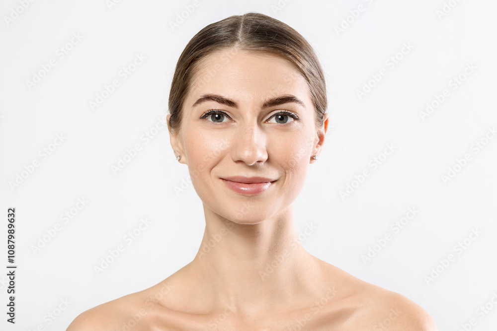 Beautiful young woman after henna eyebrows dyeing on light background, closeup Beautiful young woman after henna eyebrows dyeing on light background, closeup