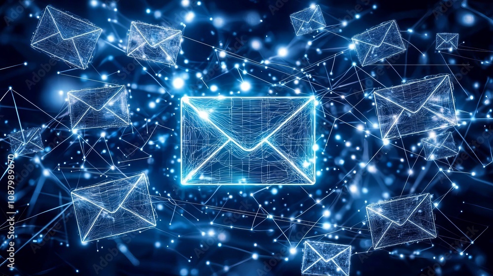 Digital email icons in a futuristic blue network, symbolizing communication and technology. Digital email icons in a futuristic blue network, symbolizing communication and technology.
