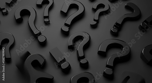 3D Black Question Marks Floating on Dark Background Abstract Illustration