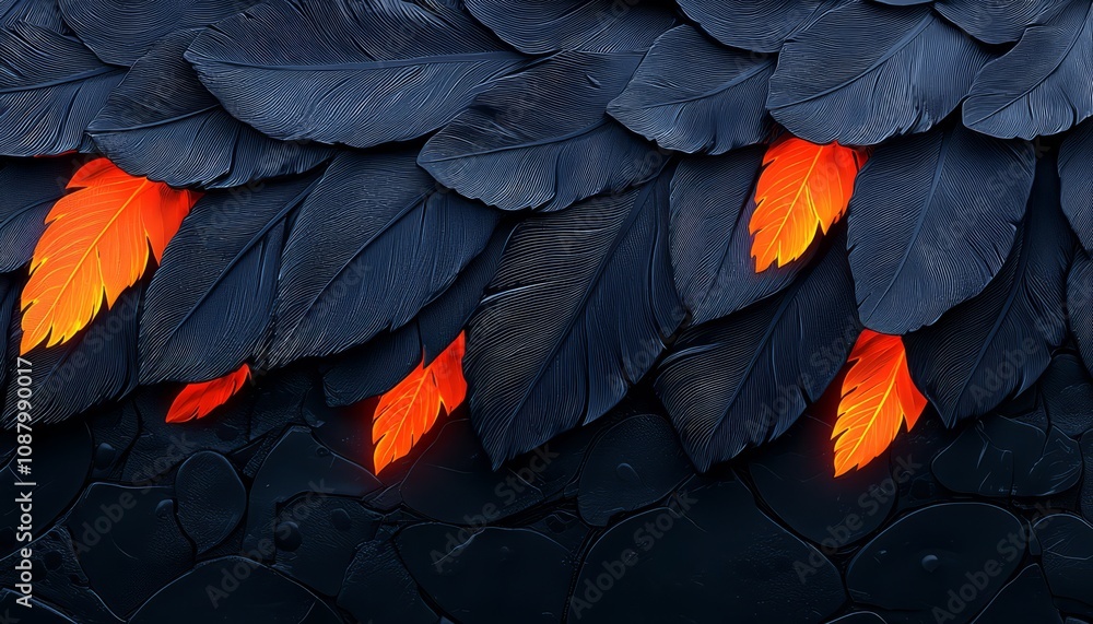Dark Blue Feathers With Glowing Orange Accents Dark Blue Feathers With Glowing Orange Accents
