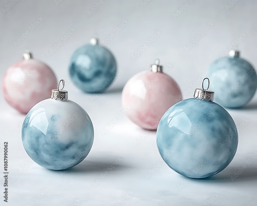 Charming watercolor Christmas balls in sky blue and soft pink on a pure white background, creating a playful holiday look, Charming watercolor Christmas balls in sky blue and soft pink on a pure white background, creating a playful holiday look,