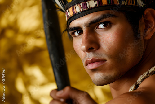 An Aztec warrior adorned with feathered armor and holding a macuahuitl, posed against a golden background, symbolizing ancient civilization. An Aztec warrior in traditional regalia.


 photo