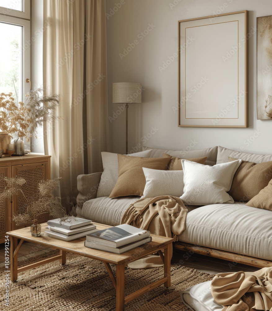 Cozy Living Room Interior with Mockup Poster Frame Cozy Living Room Interior with Mockup Poster Frame