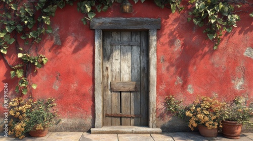 A rustic wooden door against a vibrant red wall adorned with plants.