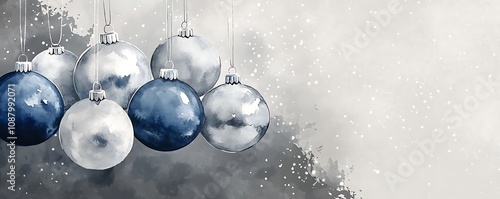 Elegant watercolor Christmas balls in metallic silver and deep midnight blue on a charcoal gray background, perfect for winter decor, photo