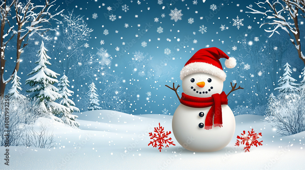 joyful snowman wearing a red scarf stands in the snow, surrounded by gentle snowflakes, evoking the warmth and cheer of Christmas during a winter wonderland scene