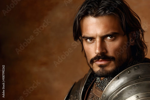 A Spanish conquistador in elaborate armor with a sword at his side, posed against a warm terracotta background, representing exploration and conquest. A conquistador prepared for adventure.


