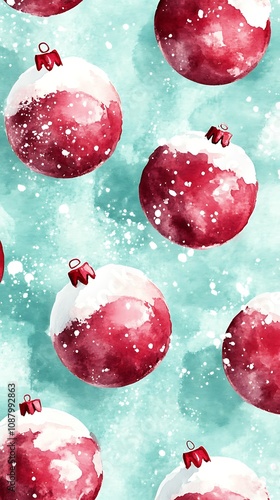 Festive watercolor Christmas balls in bright cranberry red and snowy white on a cool mint background,