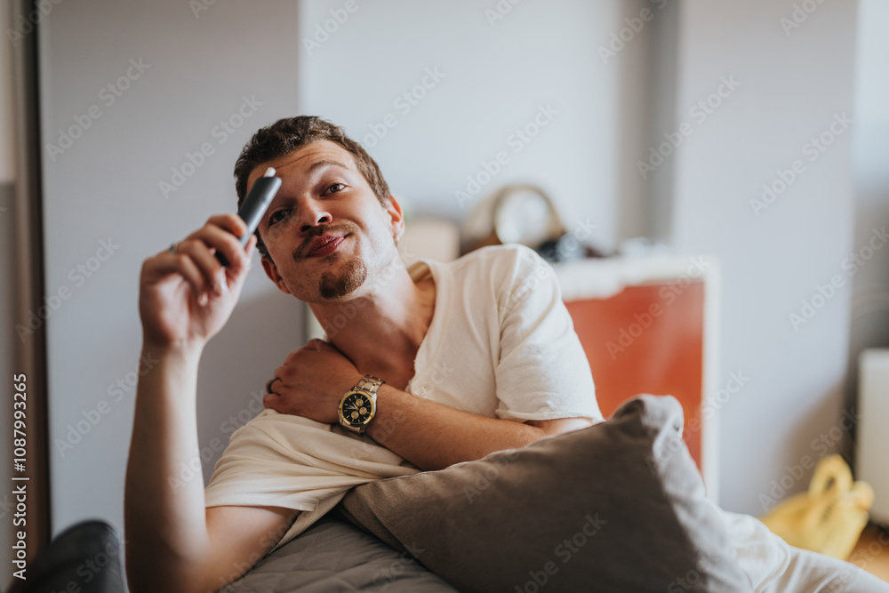 A man wearing a casual white shirt relaxing comfortably on a couch, enjoying free time at home with a playful expression. A man wearing a casual white shirt relaxing comfortably on a couch, enjoying free time at home with a playful expression.