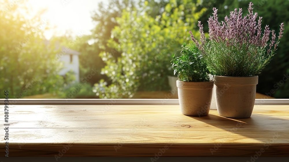Sunlit window with potted herbs and flowers. Sunlit window with potted herbs and flowers.