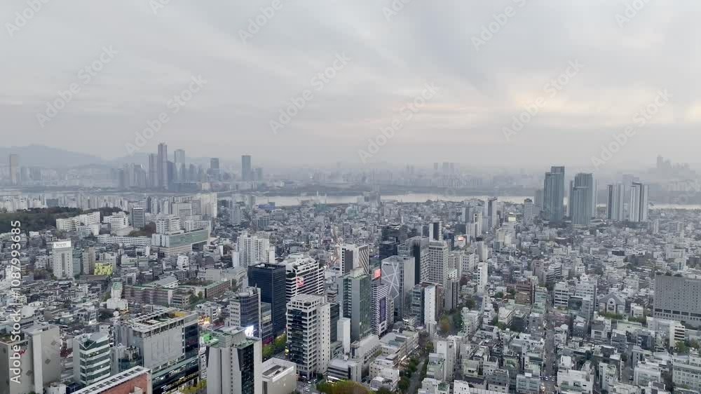 Drone View of Seoul city in South Korea, Hongik University Station, Autumn Drone View of Seoul city in South Korea, Hongik University Station, Autumn