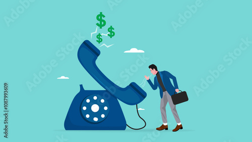Telephone call to generate lead or sales, telemarketing strategy to promote product or service, Customer follow-up via telephone to increase sales, sales agent talk in phone call with dollar symbol