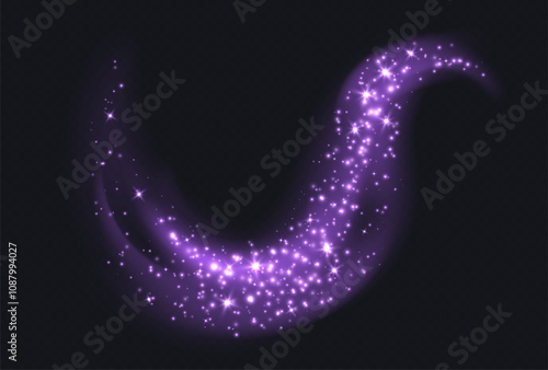 Purple magic cloud with sparkles, stardust sparkling decoration. Glowing glitter smoke trail. Vector illustration.