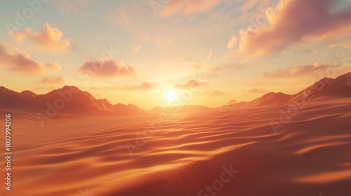 Wallpaper Mural Desert Sunset: Golden Dunes, Mountain Range, Warm Light, Scenic Vista, 3D Render Torontodigital.ca