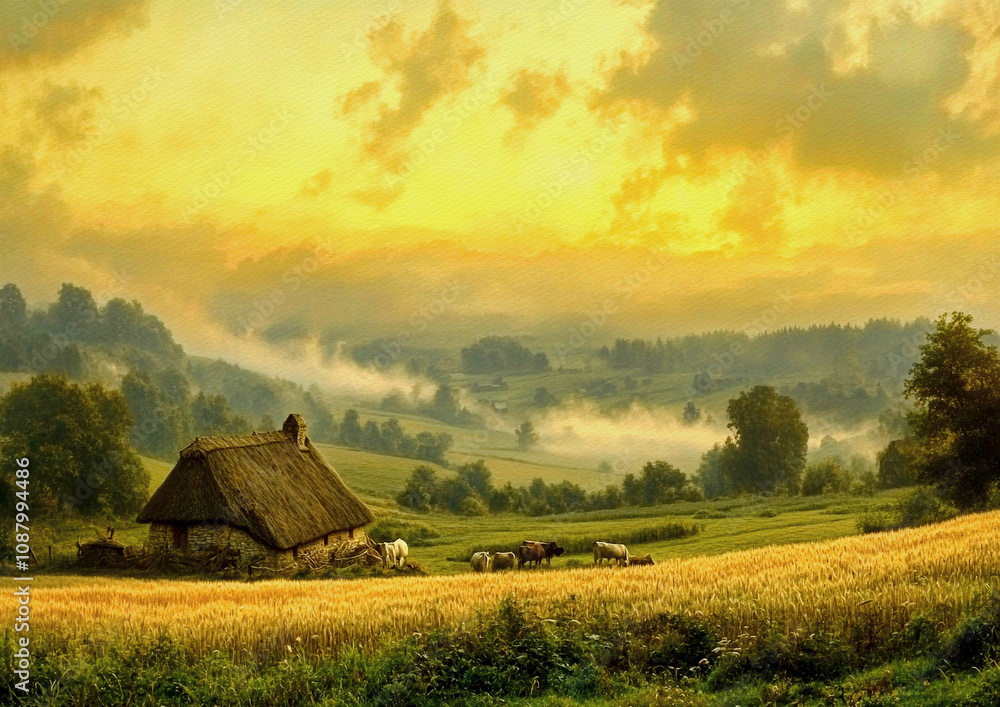Paintings rural landscape, sunset in the countryside, landscape with barn, sunrise over the field Paintings rural landscape, sunset in the countryside, landscape with barn, sunrise over the field