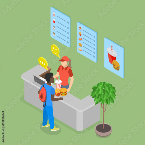 3D Isometric Flat Vector Illustration of Fast Food Cafe, Restaurant Worker with Cash Register