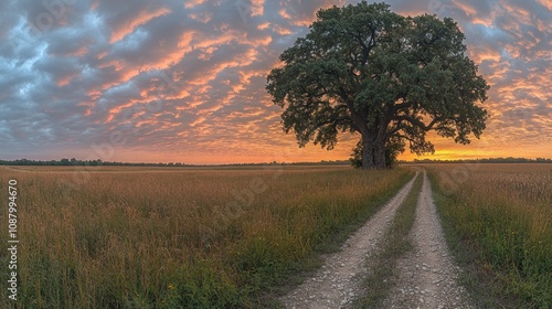 Fototapeta Naklejka Na Ścianę i Meble -  Sunrise over a field with a large tree and a dirt road.