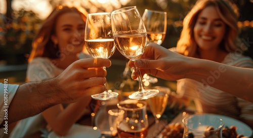 Fototapeta Naklejka Na Ścianę i Meble -  Friends Toasting Wine Glasses Outdoors at Sunset Garden Dinner