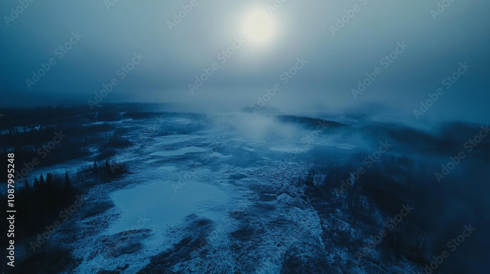 Fototapeta premium Aerial View of Thawing Permafrost, Icy Blue Landscape, Cinematic Winter Scene