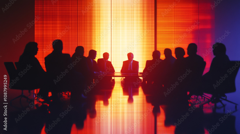 Silhouette Business Meeting: Executives Discuss Strategy in Dimly Lit Room Silhouette Business Meeting: Executives Discuss Strategy in Dimly Lit Room