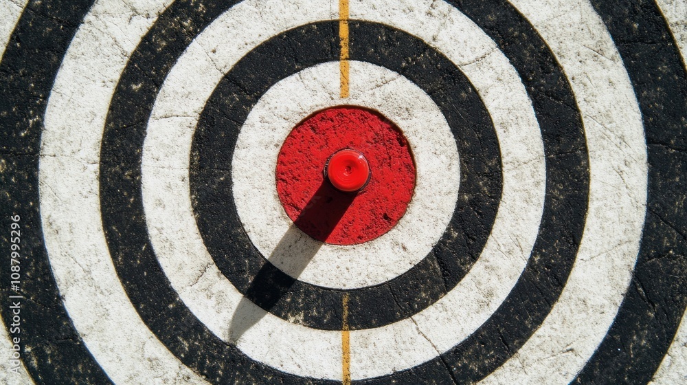 A red dart hits the bullseye of a worn dartboard. A red dart hits the bullseye of a worn dartboard.