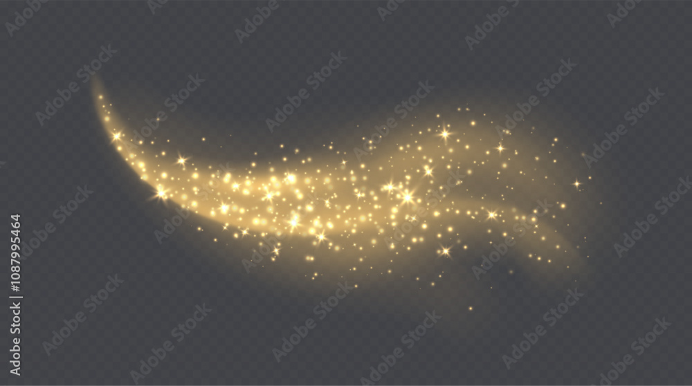 Golden magic cloud with sparkles, stardust sparkling decoration. Glowing glitter smoke trail. Vector illustration.