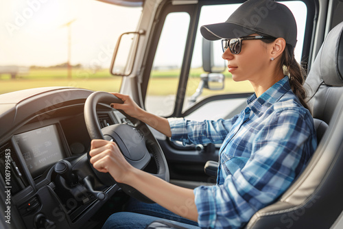 young woman with sunglasses blue plaid shirt and cap in the cab of a truck driving photo