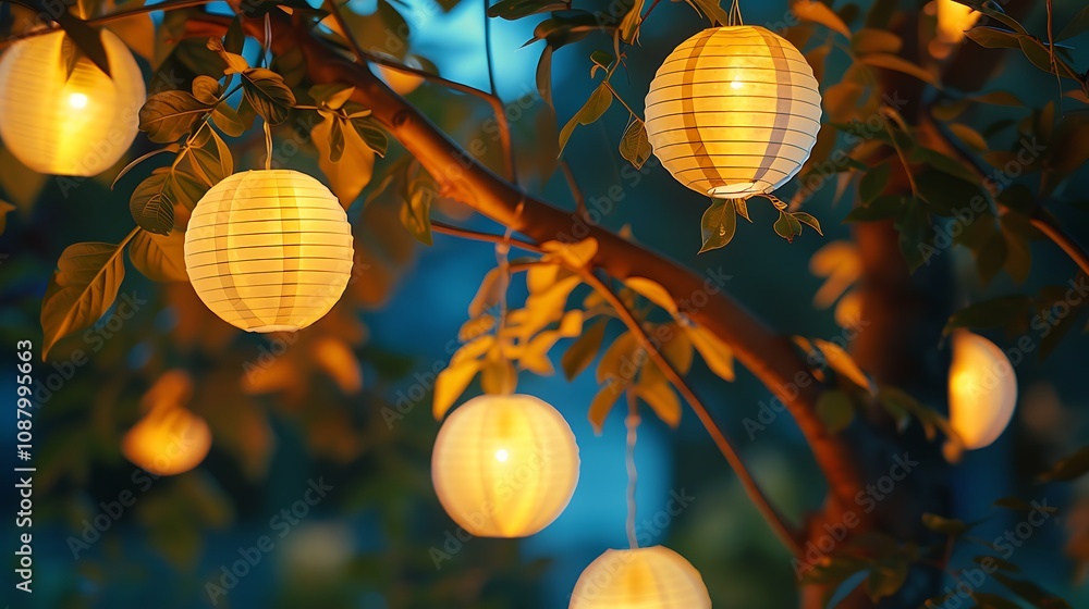 Obraz premium A serene scene featuring glowing lanterns hanging from a tree, creating a warm and inviting atmosphere.