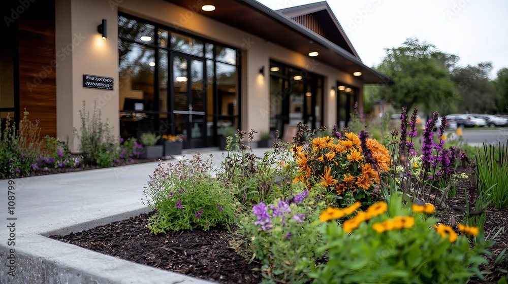 Vibrant flowers in front of a modern building, showcasing a colorful garden during the early evening light. Vibrant flowers in front of a modern building, showcasing a colorful garden during the early evening light.