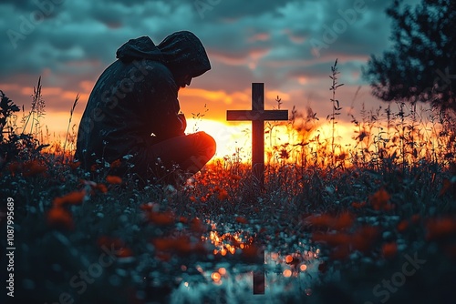 A man in silhouette, kneeling near a wooden cross at sunset, mourning the loss of a close friend