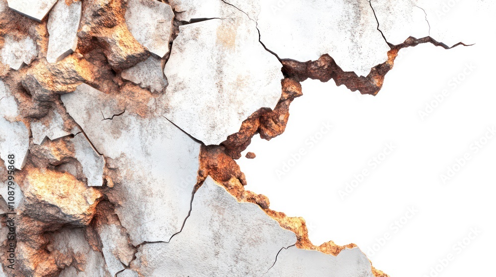 Naklejka premium A close-up of a cracked and broken white wall with a hole revealing a white background.
