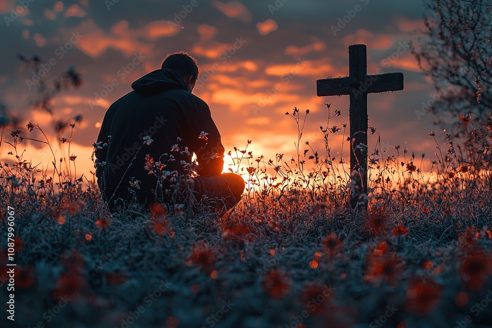 A silhouette of a man kneeling in front of a wooden Christian cross at sunset, reflecting on the loss of his friend