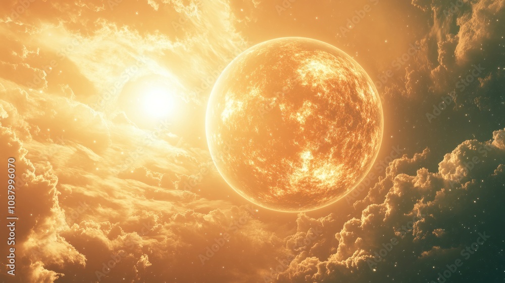 This image depicts a bright glowing celestial planet with an ethereal light, set against a backdrop of a cloudy, star-filled space environment creating a majestic visual scene. This image depicts a bright glowing celestial planet with an ethereal light, set against a backdrop of a cloudy, star-filled space environment creating a majestic visual scene.