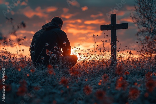 Obraz na płótnie A silhouette of a man kneeling in front of a wooden Christian cross at sunset, reflecting on the loss of his friend w salonie