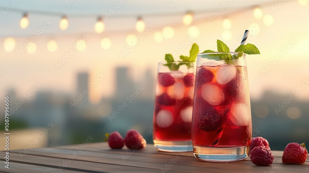 Refreshing raspberry drinks in glasses, garnished with mint, set against a dreamy sunset and twinkling lights. Refreshing raspberry drinks in glasses, garnished with mint, set against a dreamy sunset and twinkling lights.